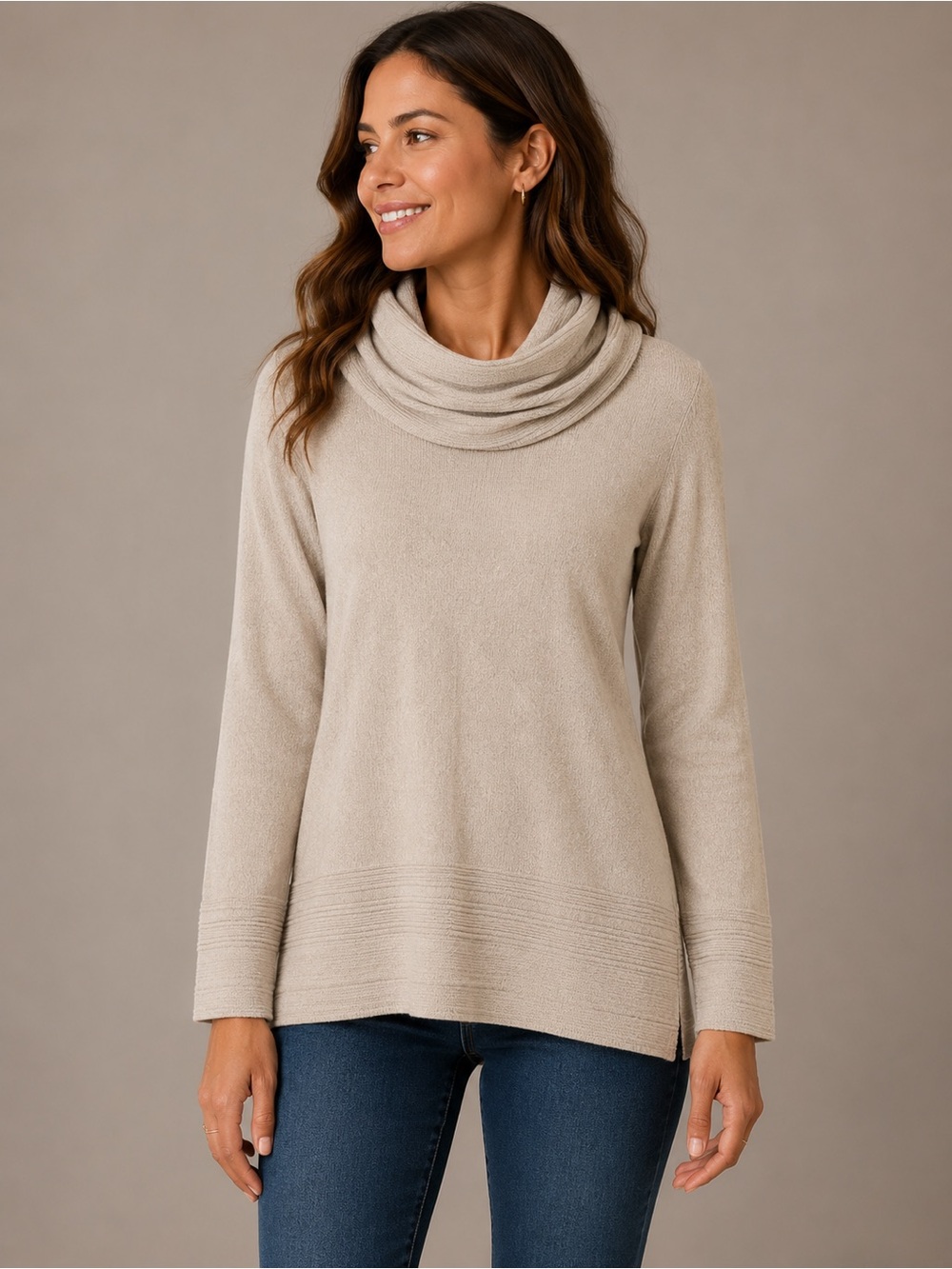 CALVIN KLEIN Beige Cowl Neck Women's Pullover Sweater
